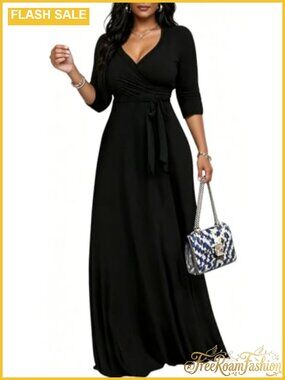 Plus Size Maxi Dress 3/4 Sleeve Wrap V-Neck Long Dress with Belt